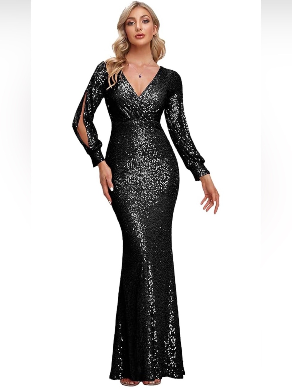 Black Sequin Long Sleeve Evening Gown - Elegant Party Dress